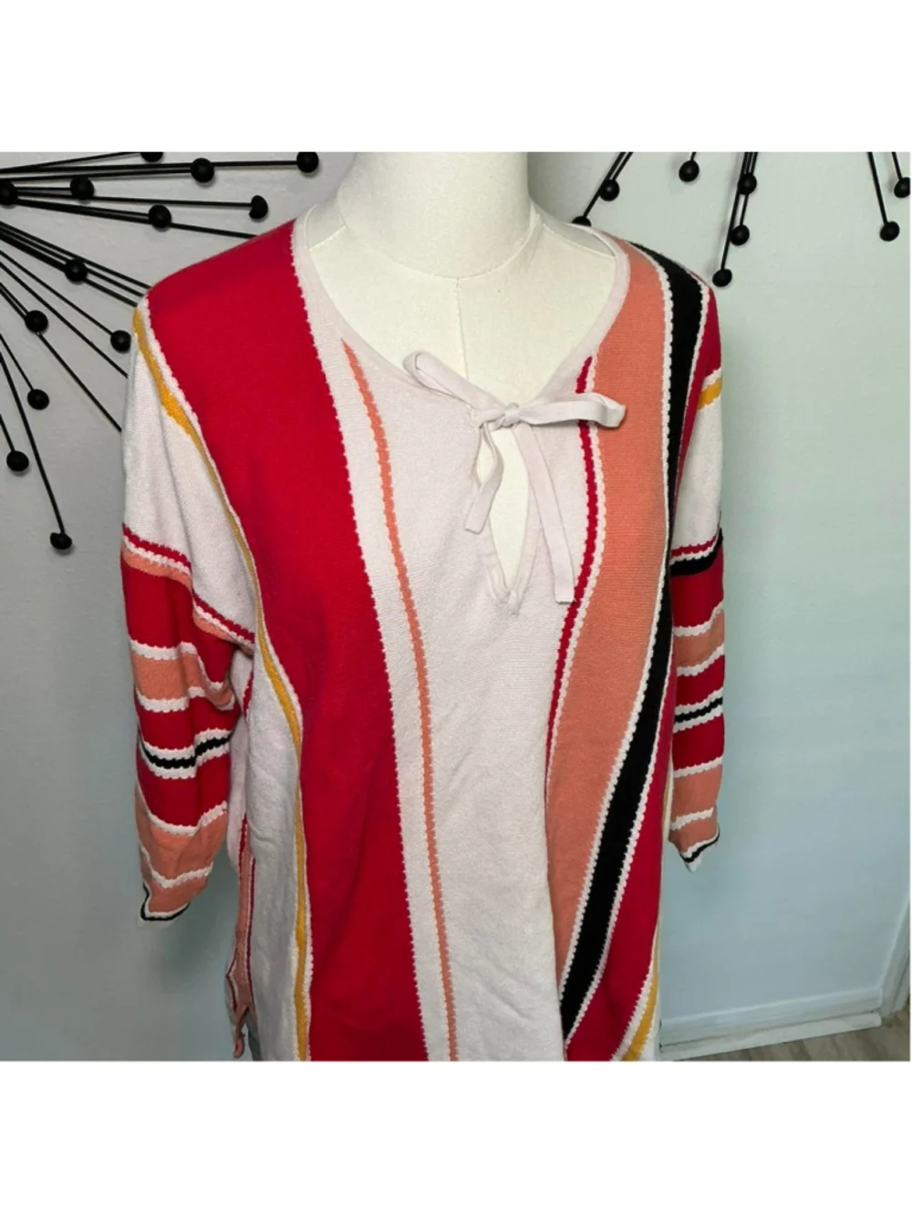 LOFT striped knit sweater top pink red peach tie front boho size XL - Picture 3 of 4